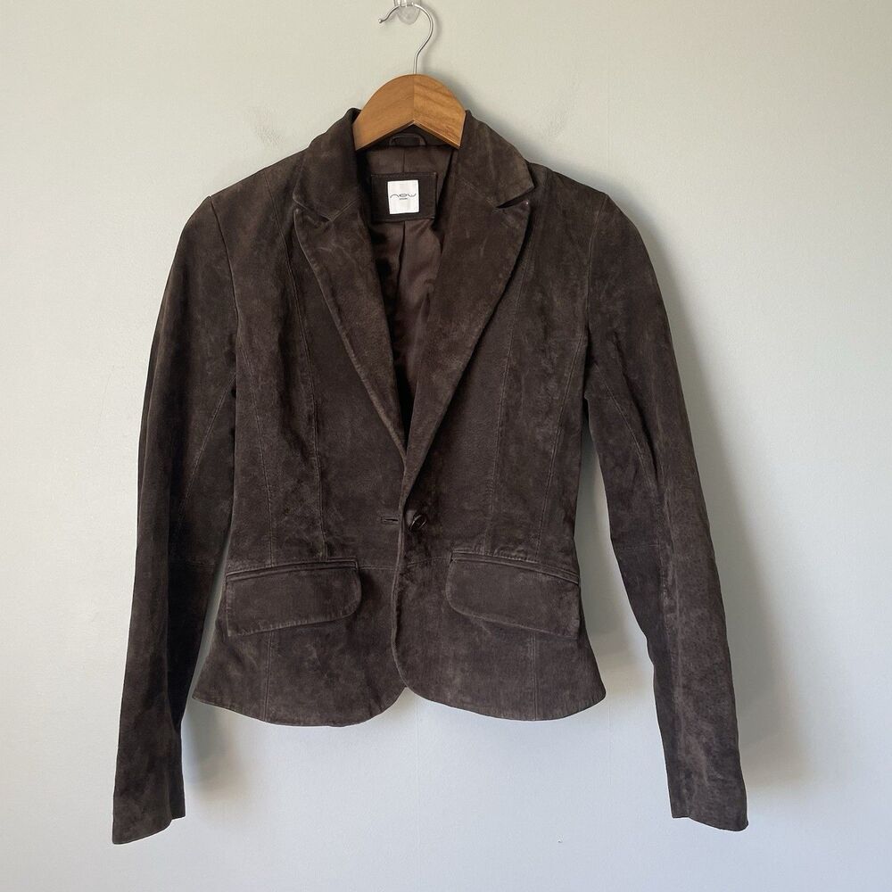 New Look Vintage y2k 2000's 100% Leather Button Up Jacket Blazer Brown Size US 4